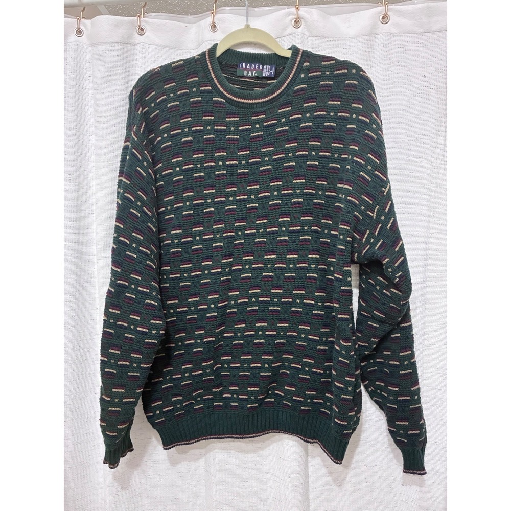 VTG Mens Green Textured Cotton 3D Knit Geometric Sweater Large USA Coogie Style